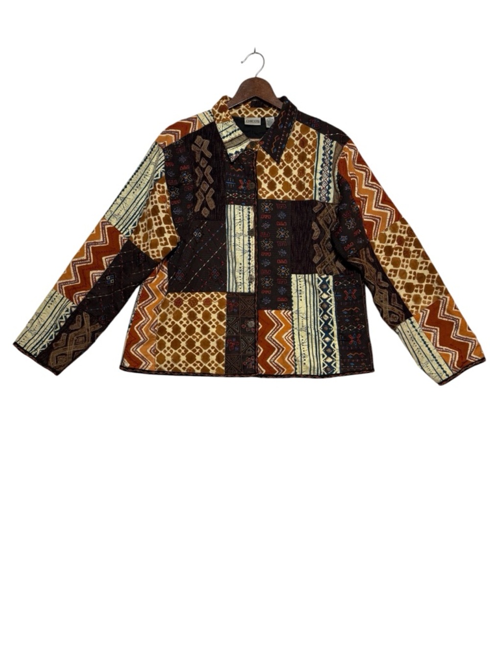 Chico’s Vintage Patchwork Quilted Jacket Boho Aztec Tribal Earthy Embroidered 3